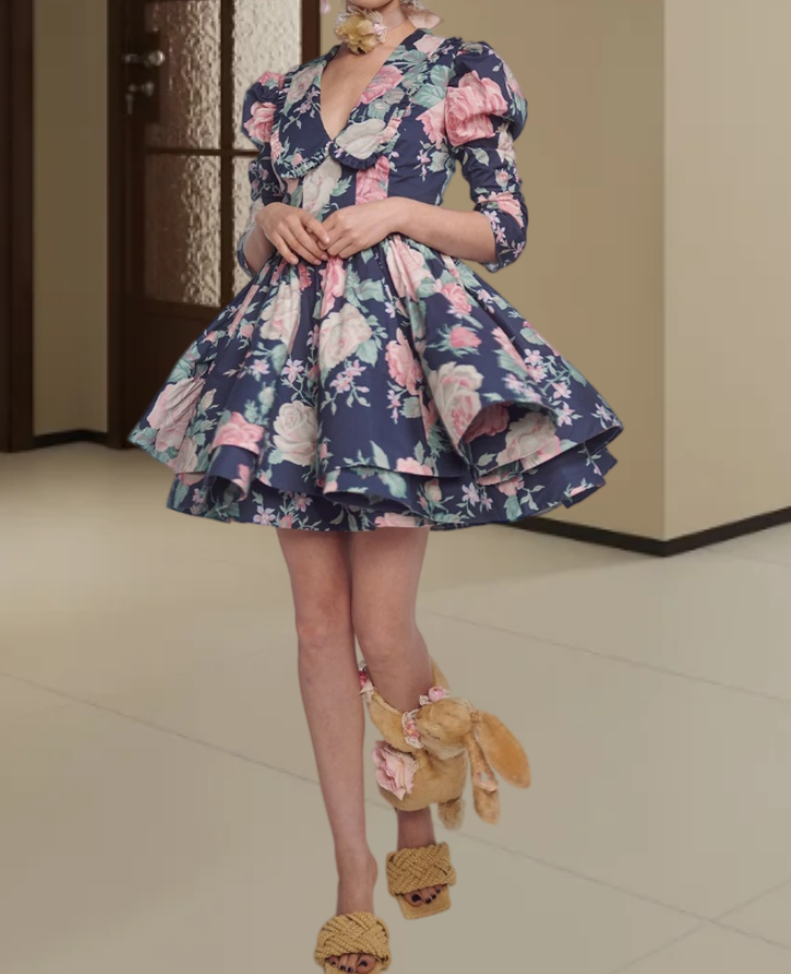Retro V Neck Homecoming Dress Floral Long Sleeve A-Line Birthday Dress D0310