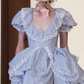 Dreamy U Neck Prom Dress Blue Short Sleeve Ruffled A-Line Evening Dress D0311