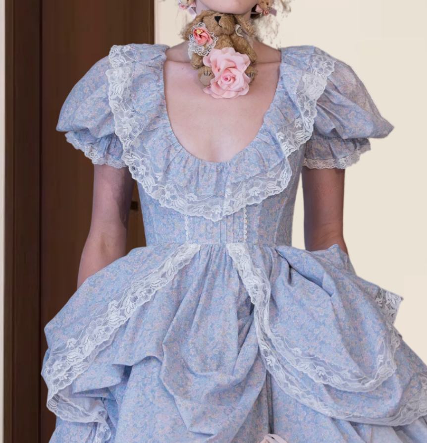 Dreamy U Neck Prom Dress Blue Short Sleeve Ruffled A-Line Evening Dress D0311