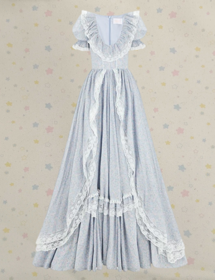 Dreamy U Neck Prom Dress Blue Short Sleeve Ruffled A-Line Evening Dress D0311