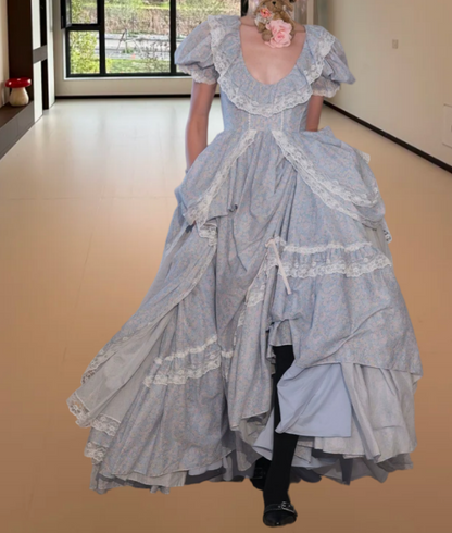 Dreamy U Neck Prom Dress Blue Short Sleeve Ruffled A-Line Evening Dress D0311
