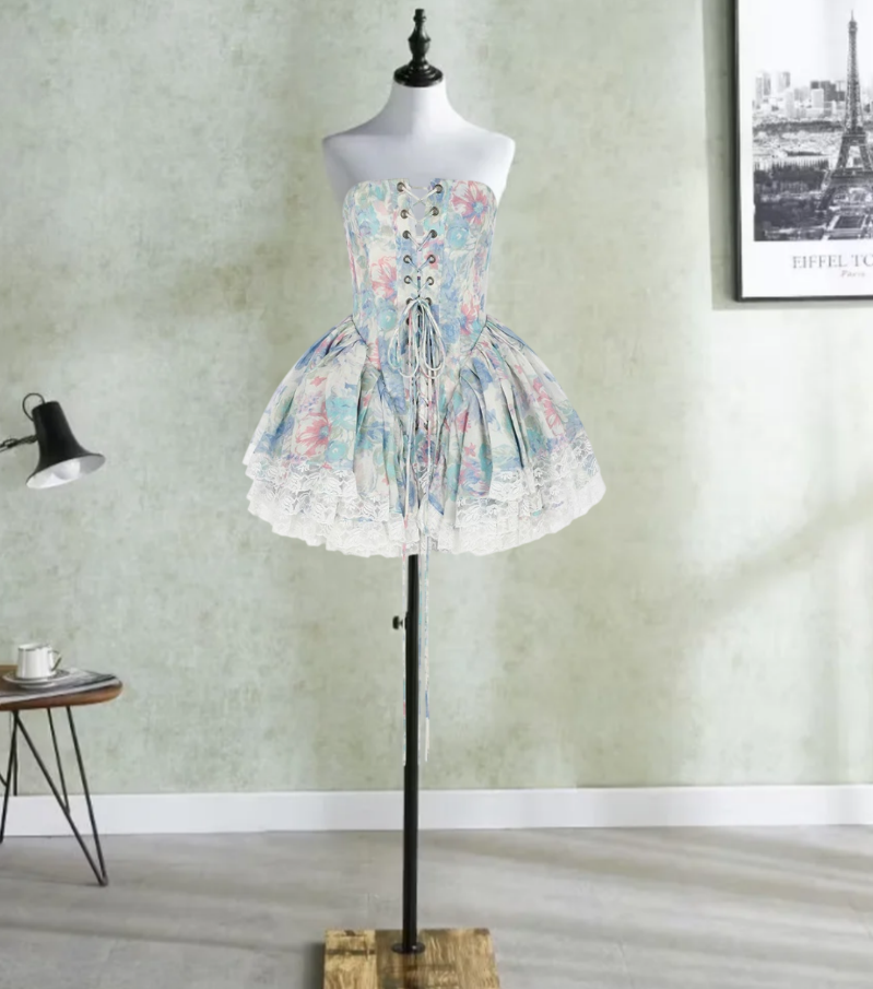 Trendy Strapless Homecoming Dress Floral Tiered Lace A-Line Birthday Dress D0314