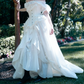 Romantic Off-Shoulder Prom Dress White Bows Ruffled A-Line Evening Dress D0315