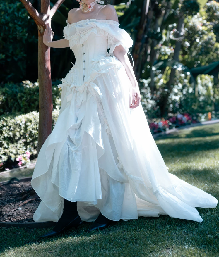 Romantic Off-Shoulder Prom Dress White Bows Ruffled A-Line Evening Dress D0315