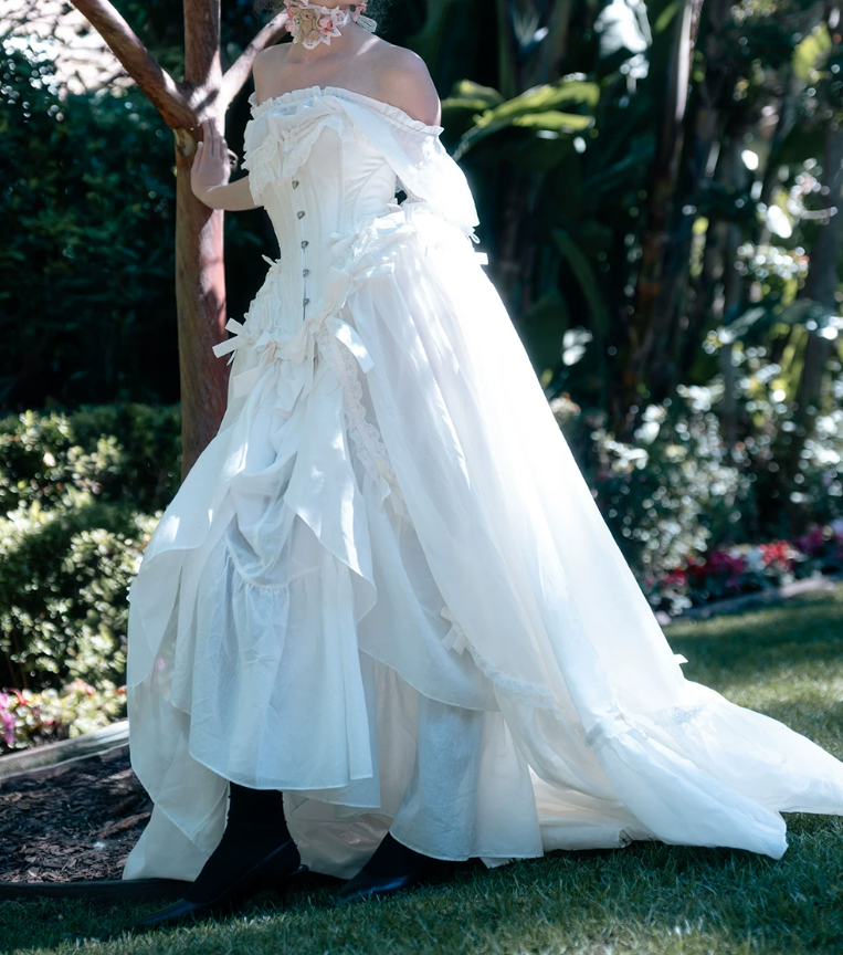 Romantic Off-Shoulder Prom Dress White Bows Ruffled A-Line Evening Dress D0315