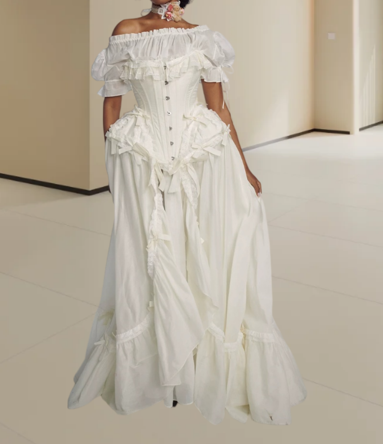 Romantic Off-Shoulder Prom Dress White Bows Ruffled A-Line Evening Dress D0315
