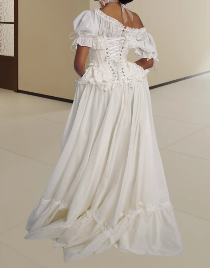 Romantic Off-Shoulder Prom Dress White Bows Ruffled A-Line Evening Dress D0315