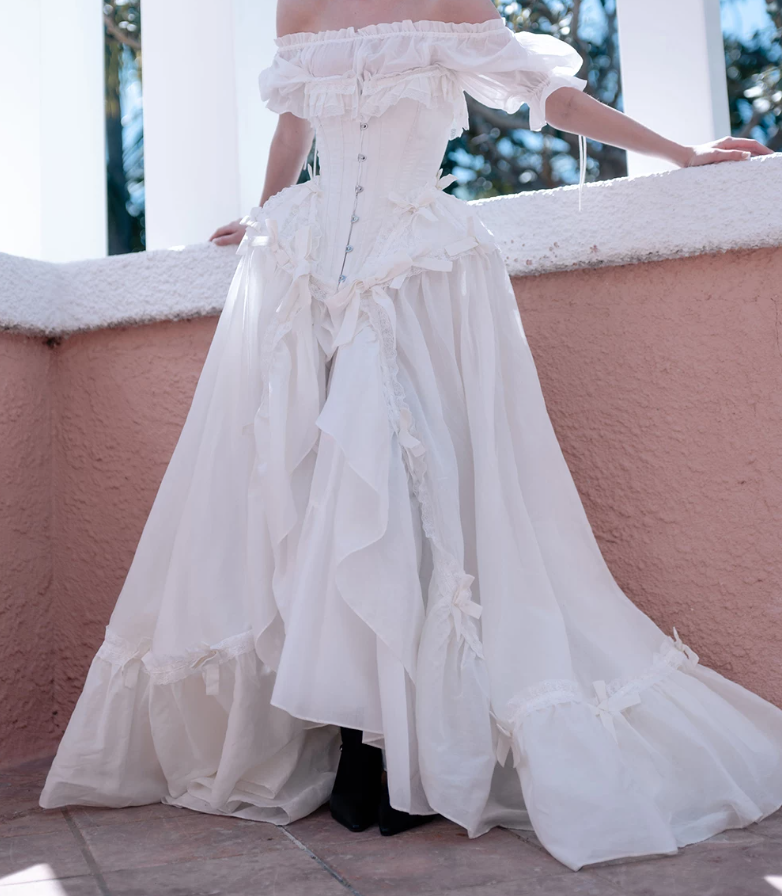 Romantic Off-Shoulder Prom Dress White Bows Ruffled A-Line Evening Dress D0315