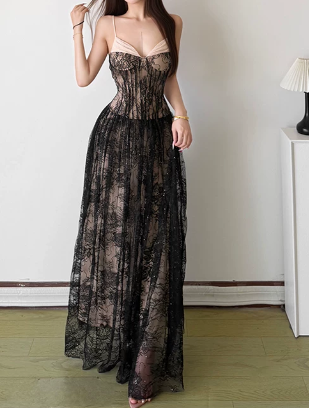 Charming Spaghetti Straps Prom Dress Lace Sequins A-Line Evening Dress D0316