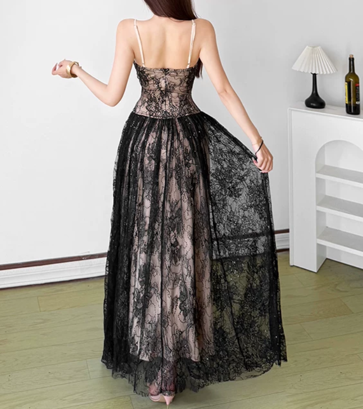 Charming Spaghetti Straps Prom Dress Lace Sequins A-Line Evening Dress D0316