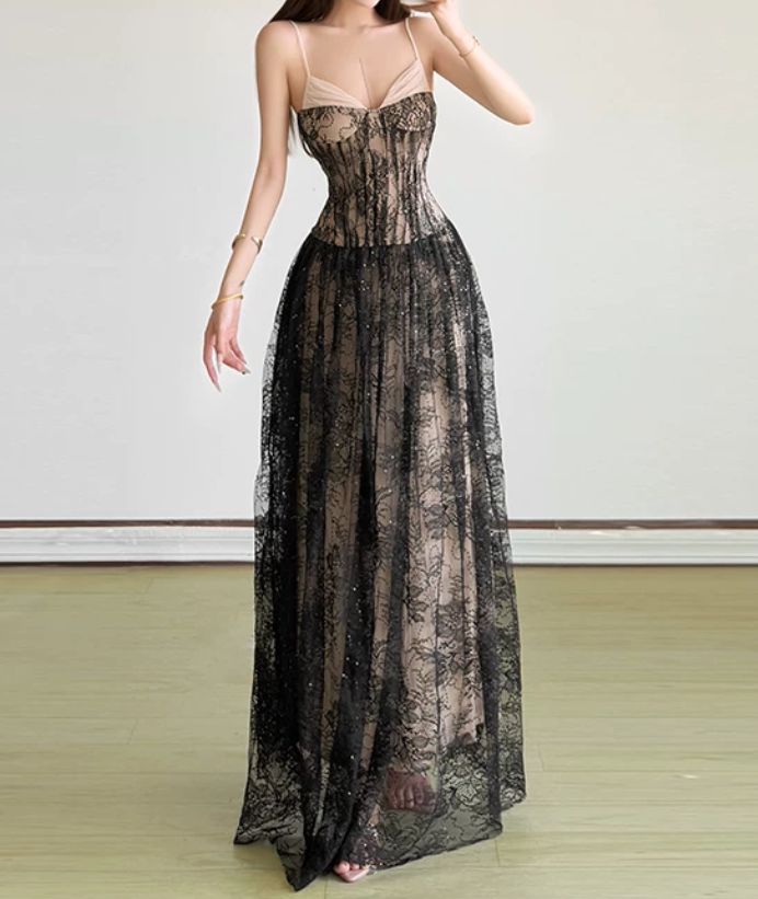 Charming Spaghetti Straps Prom Dress Lace Sequins A-Line Evening Dress D0316