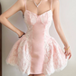 Glam Spaghetti Straps Homecoming Dress Pink Lace A-Line Birthday Dress D0318