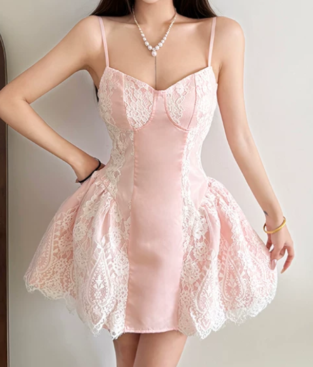 Glam Spaghetti Straps Homecoming Dress Pink Lace A-Line Birthday Dress D0318