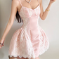 Glam Spaghetti Straps Homecoming Dress Pink Lace A-Line Birthday Dress D0318