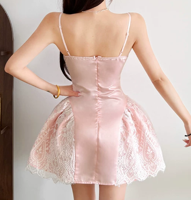 Glam Spaghetti Straps Homecoming Dress Pink Lace A-Line Birthday Dress D0318