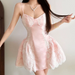 Glam Spaghetti Straps Homecoming Dress Pink Lace A-Line Birthday Dress D0318