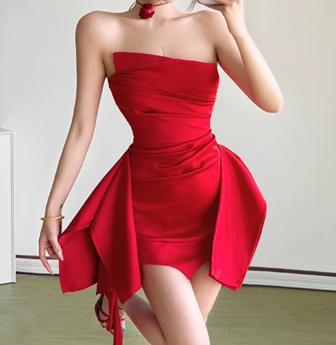 Mini robe de soirée en satin, sans bretelles, sans manches, ligne a, simple, C899