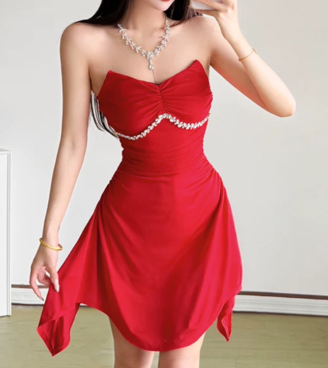 Mini robe de soirée en satin, sans bretelles, sans manches, ligne a, simple, C899