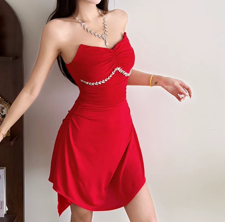 Mini robe de soirée en satin, sans bretelles, sans manches, ligne a, simple, C899