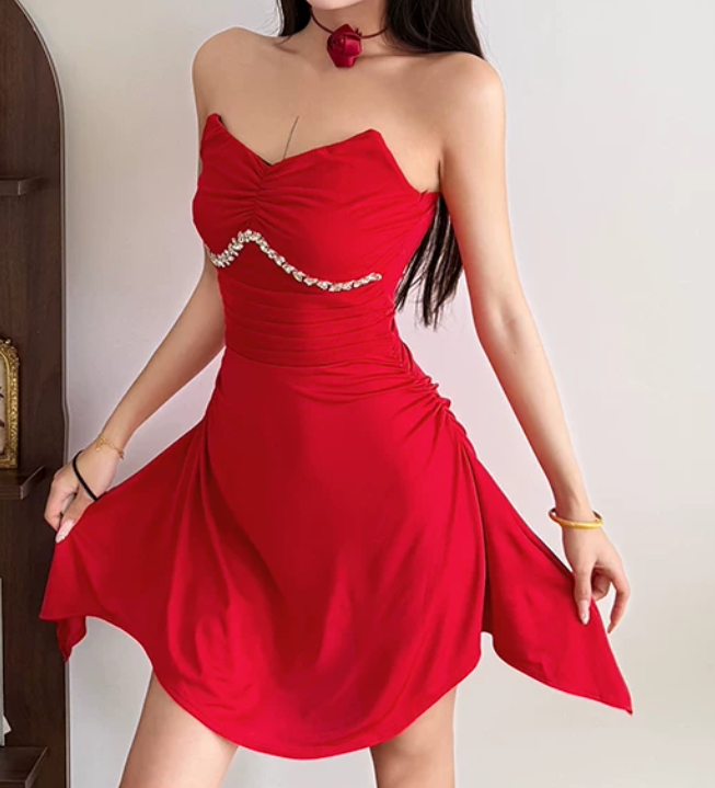 Mini robe de soirée en satin, sans bretelles, sans manches, ligne a, simple, C899