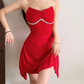 Mini robe de soirée en satin, sans bretelles, sans manches, ligne a, simple, C899