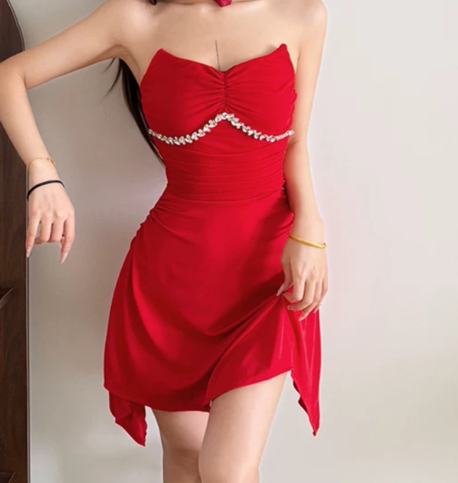 Mini robe de soirée en satin, sans bretelles, sans manches, ligne a, simple, C899