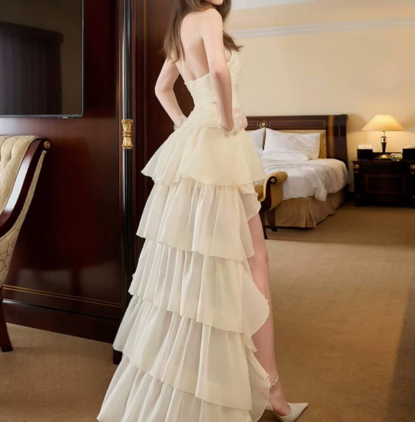 Glam Halter Neck Homecoming Dress Ivory Tiered A-Line Birthday Dress D0345