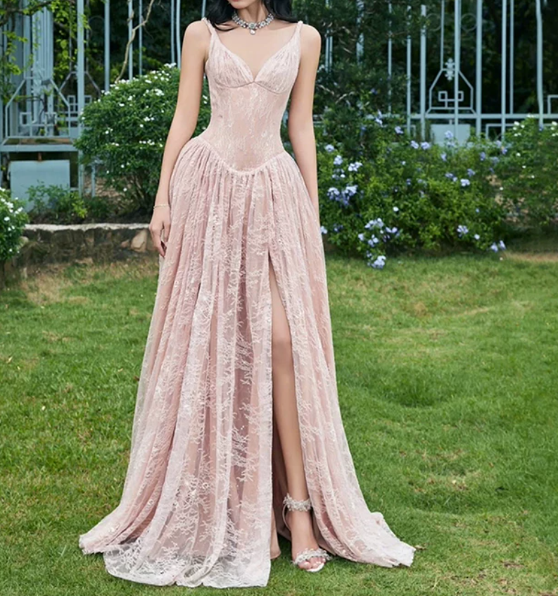 Charming Spaghetti Straps Prom Dress Pink Lace Silt A-Line Evening Dress D0351