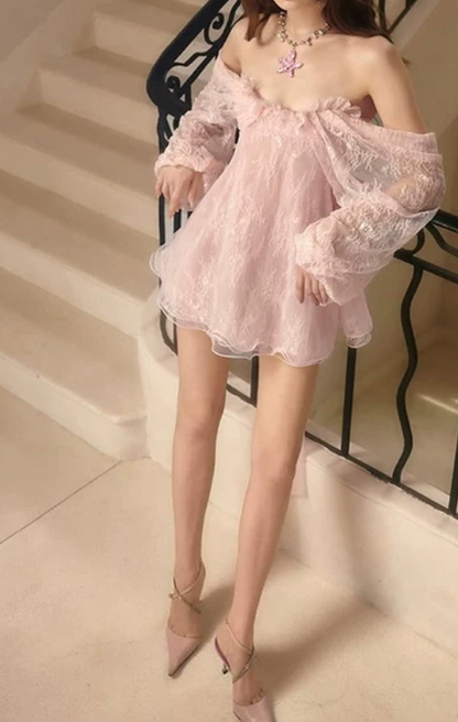 Romantic Off The Shoulder Homecoming Dress Pink Lace A-Line Birthday Dress D0354