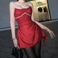 Unique Strapless Homecoming Dress Red Beaded A-Line Birthday Dress D0358
