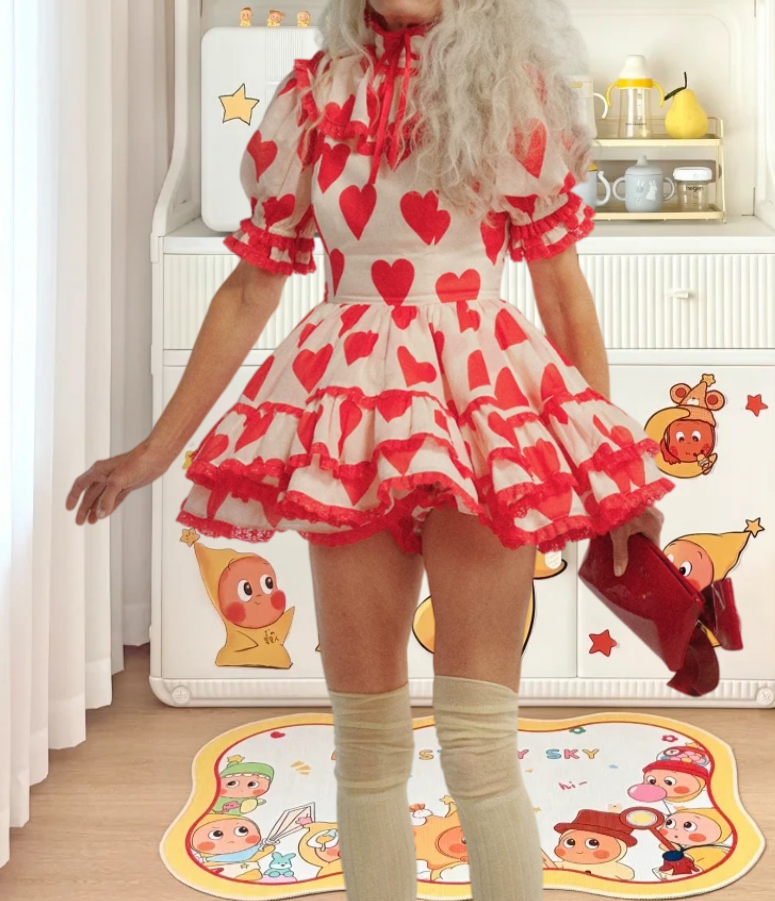 Sweet High Collar Homecoming Dress Red Short Sleeve A-Line Birthday Dress D0359