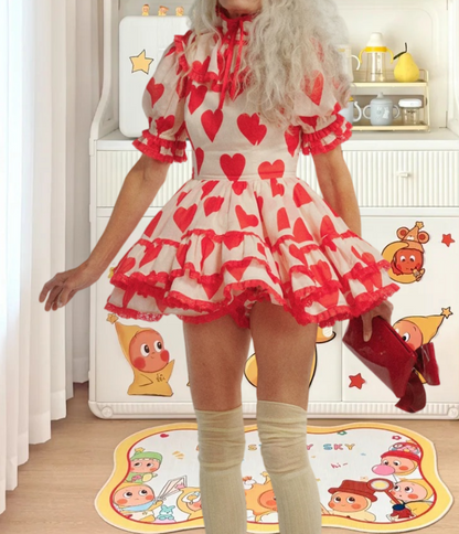 Sweet High Collar Homecoming Dress Red Short Sleeve A-Line Birthday Dress D0359