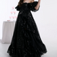 Ornate Off The Shoulder Prom Dress Black Sequins A-Line Evening Dress D0363