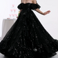 Ornate Off The Shoulder Prom Dress Black Sequins A-Line Evening Dress D0363