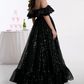 Ornate Off The Shoulder Prom Dress Black Sequins A-Line Evening Dress D0363