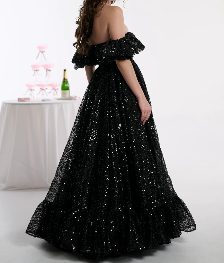 Ornate Off The Shoulder Prom Dress Black Sequins A-Line Evening Dress D0363