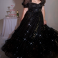 Ornate Off The Shoulder Prom Dress Black Sequins A-Line Evening Dress D0363