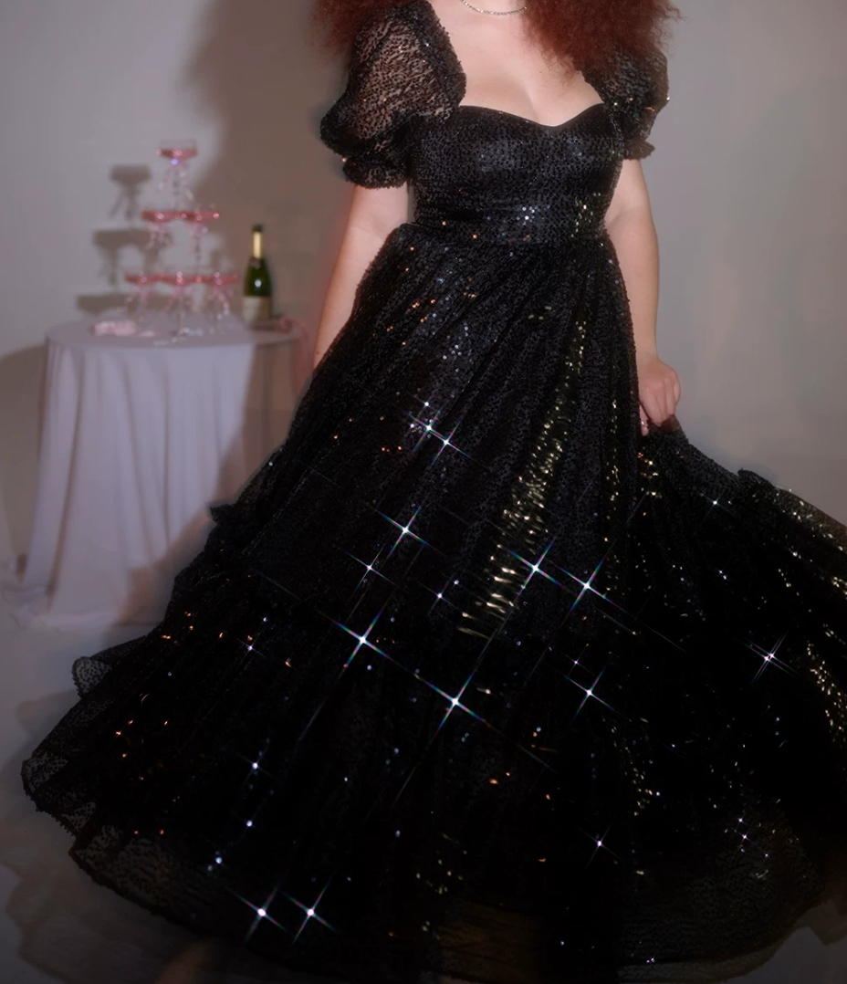 Ornate Off The Shoulder Prom Dress Black Sequins A-Line Evening Dress D0363