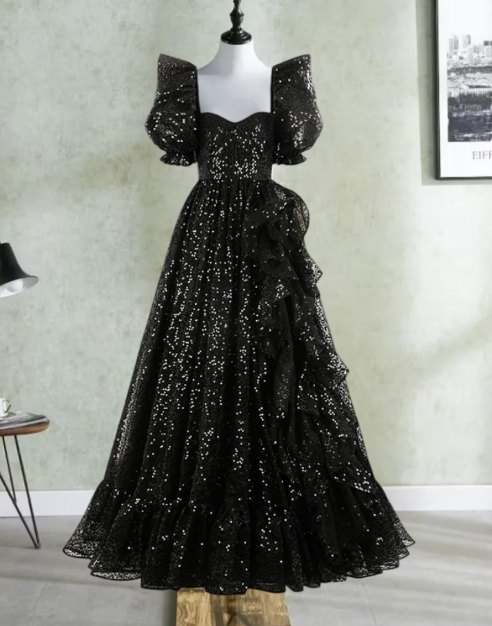 Ornate Off The Shoulder Prom Dress Black Sequins A-Line Evening Dress D0363