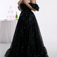 Ornate Off The Shoulder Prom Dress Black Sequins A-Line Evening Dress D0363