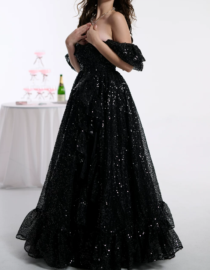 Ornate Off The Shoulder Prom Dress Black Sequins A-Line Evening Dress D0363