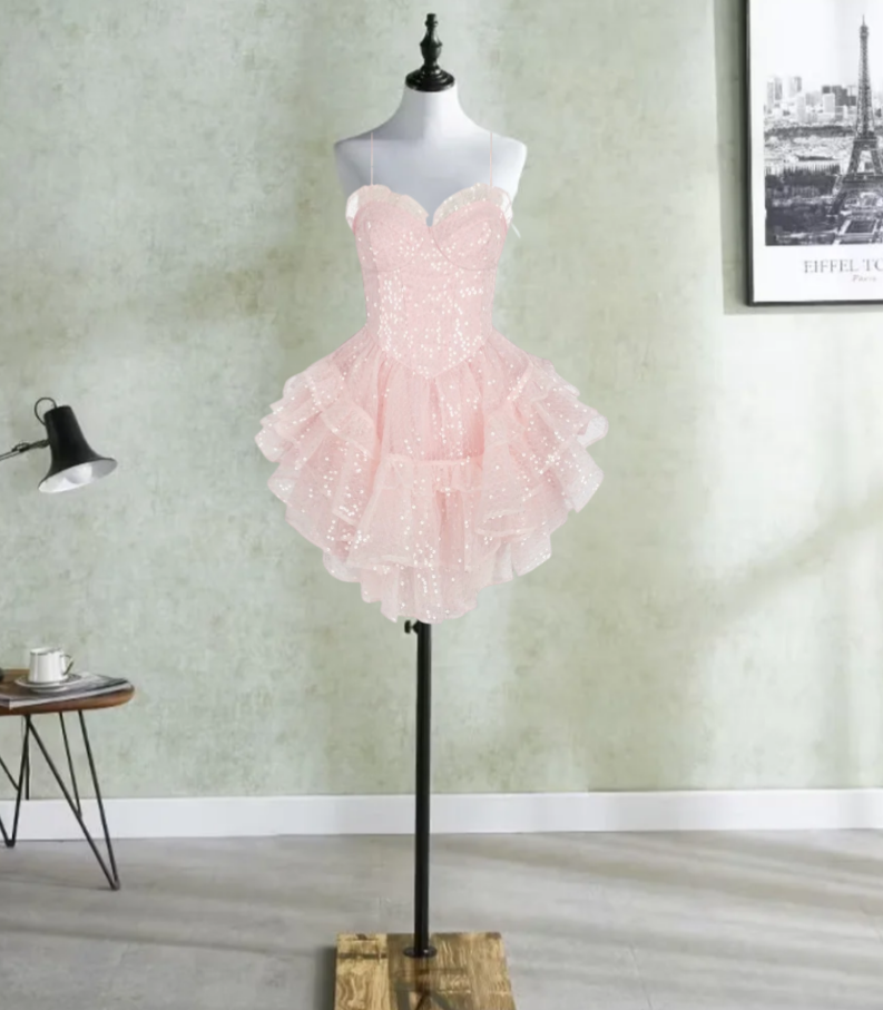 Unique Spaghetti Straps Homecoming Dress Pink Sequins A-Line Birthday Dress D0366