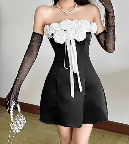 Classical Strapless Homecoming Dress Black Flowers A-Line Birthday Dress D0367