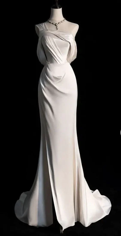 Simple Mermaid Strapless Sleeveless Satin White Long Prom Dress D037