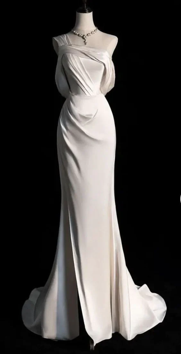 Simple Mermaid Strapless White Long Prom Dresses C24