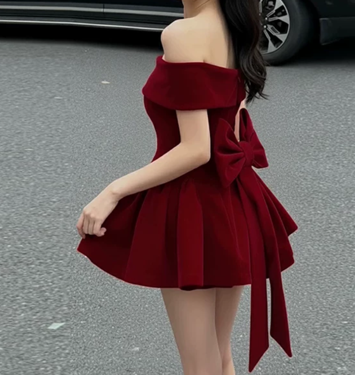 Charming Off The Shoulder Homecoming Dress Red Bow A-Line Birthday Dress D0371
