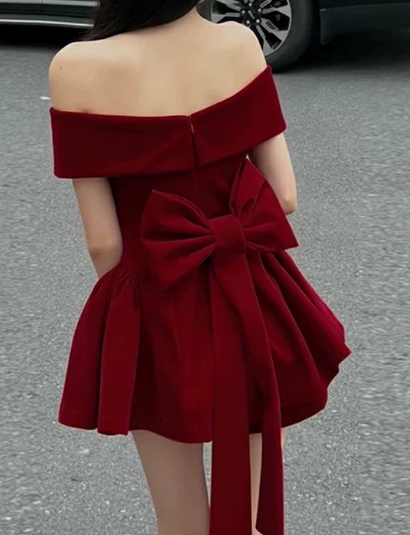 Charming Off The Shoulder Homecoming Dress Red Bow A-Line Birthday Dress D0371