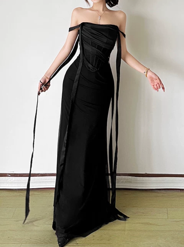 Chic Off The Shoulder Prom Dress Black Mermaid Evening Dress D0372