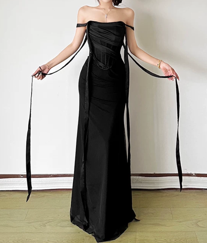 Chic Off The Shoulder Prom Dress Black Mermaid Evening Dress D0372