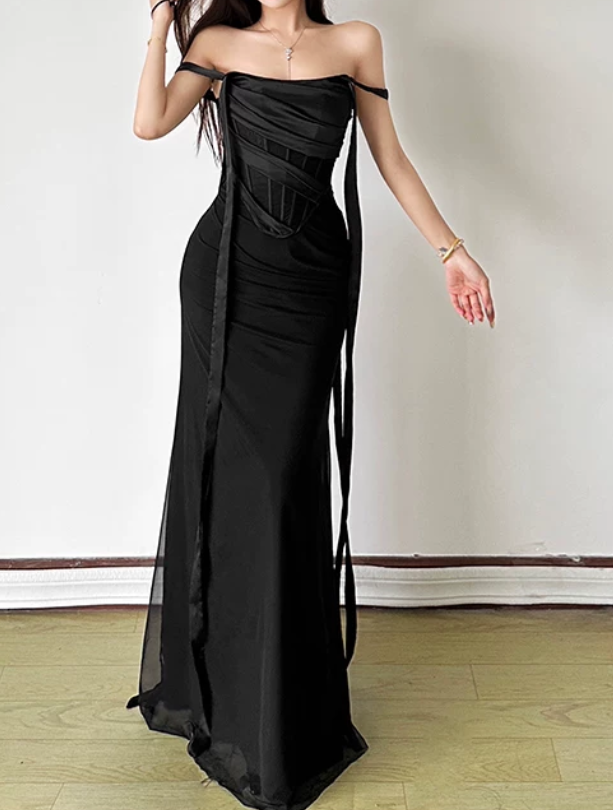 Chic Off The Shoulder Prom Dress Black Mermaid Evening Dress D0372